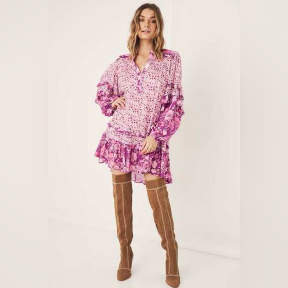 Spell & The Gypsy Collective Winona Mini Dress Pink Floral Metallic Thread XS